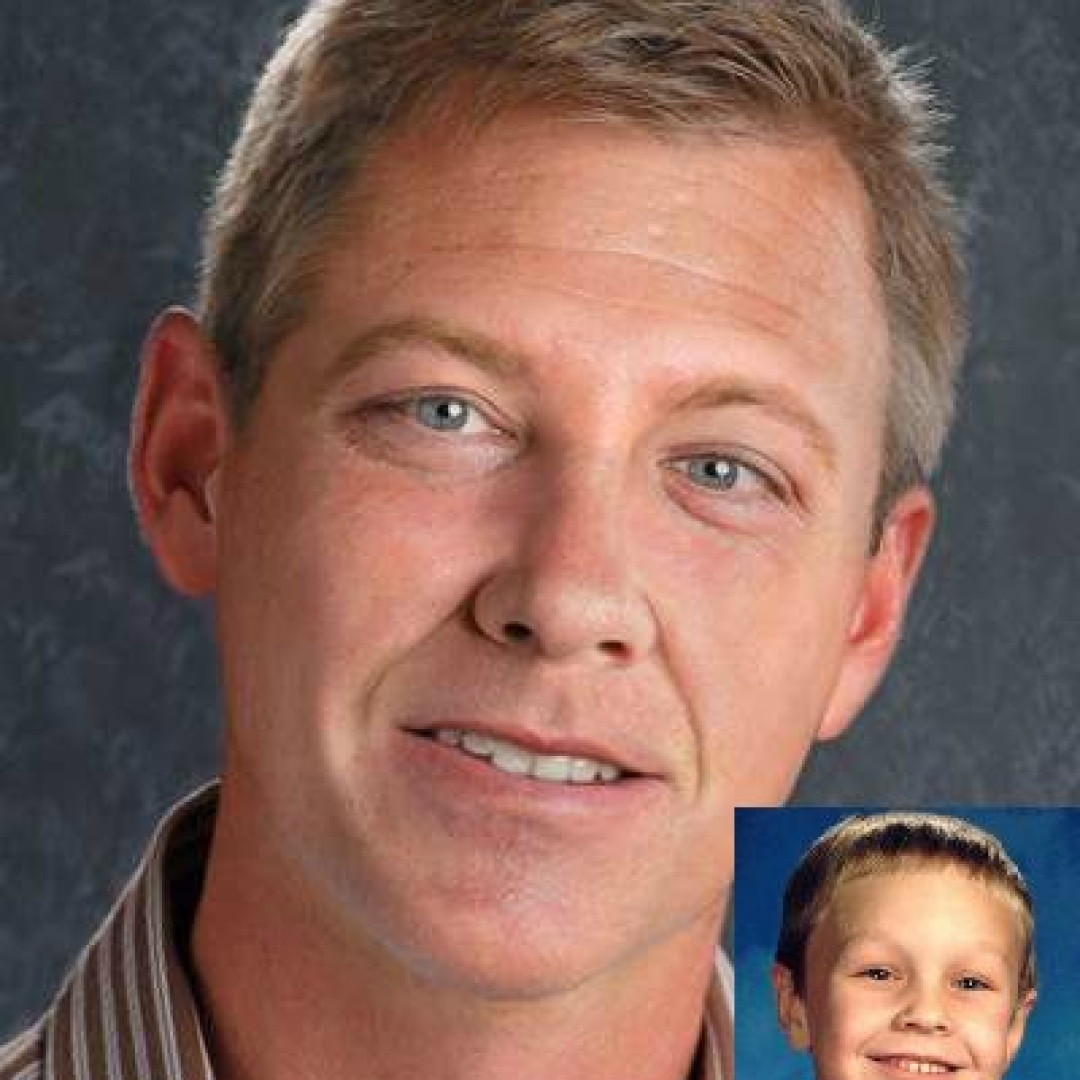 David Borer. Missing child with blonde hair and blue eyes. Age progressed photo shows what David looks like at 36 years old: an adult man with short gray-blonde hair and blue eyes.