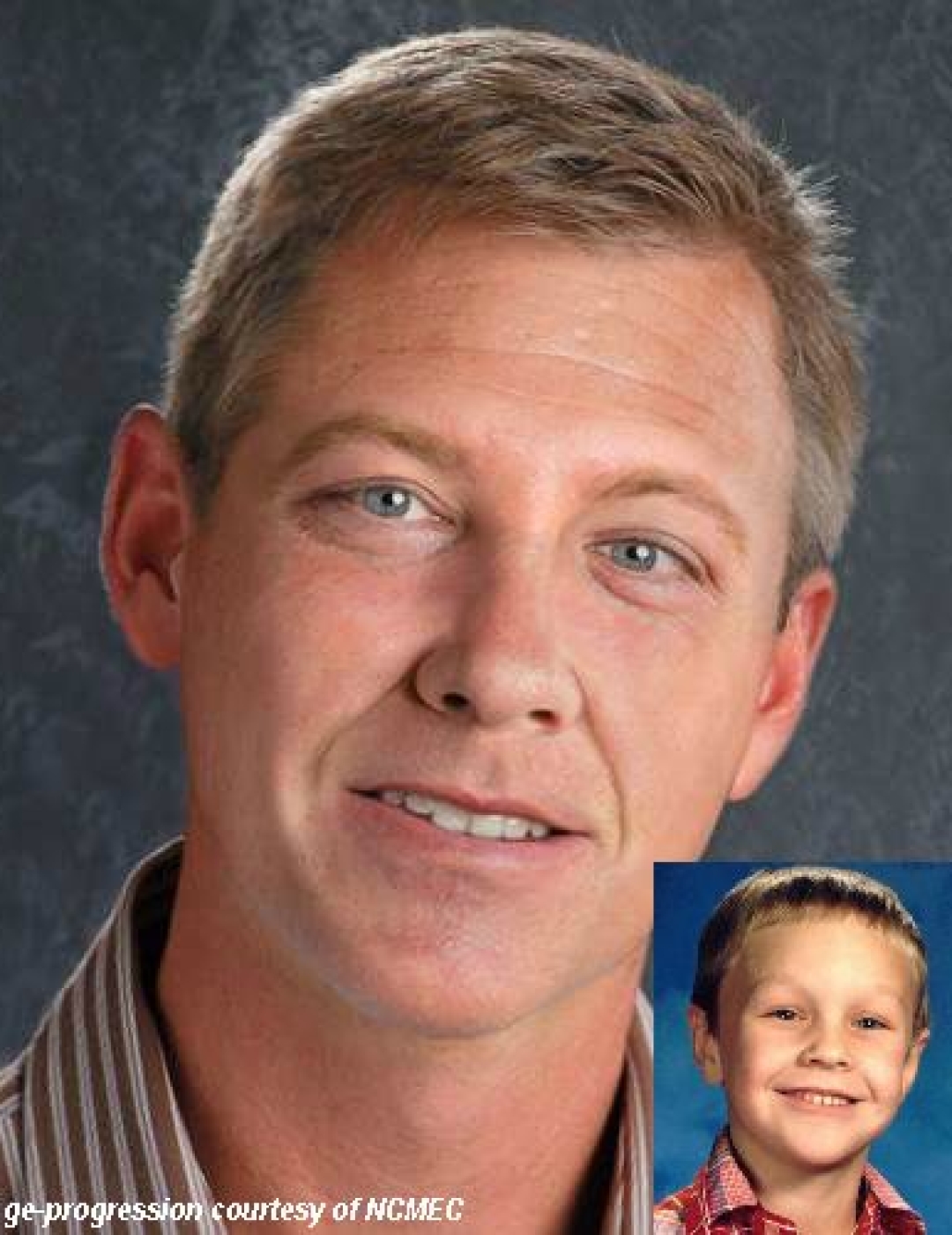 David Borer. Missing child with blonde hair and blue eyes. Age progressed photo shows what David looks like at 36 years old: an adult man with short gray-blonde hair and blue eyes.