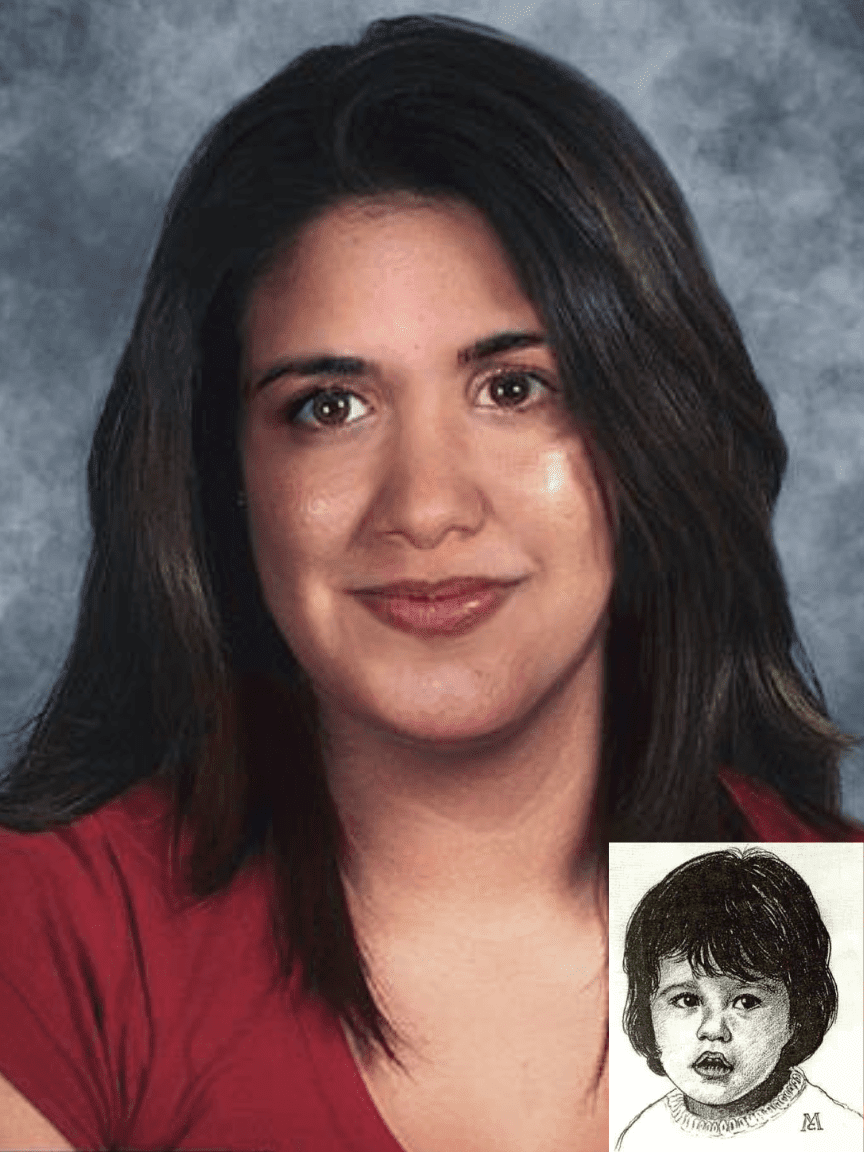 Marlene Santana. Missing child with brown hair and brown eyes. Age progressed photo shows what Marlene looks like at 25 years old: adult woman with long brown hair and brown eyes.