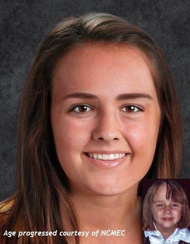 Brooklinn Miller. Missing child with light brown hair and brown eyes. Age progressed photo shows what Brooklinn looks like at 16 years old: teenage girl with long light brown hair and brown eyes.