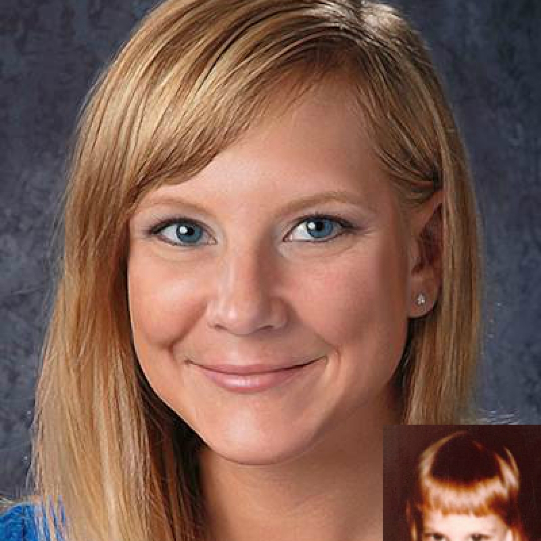 Amber Nichole Crum. Missing child with blonde hair and blue eyes. Age progressed photo shows what Amber looks like at 35 years old: an adult woman with long blonde hair, blue eyes, and side bangs.