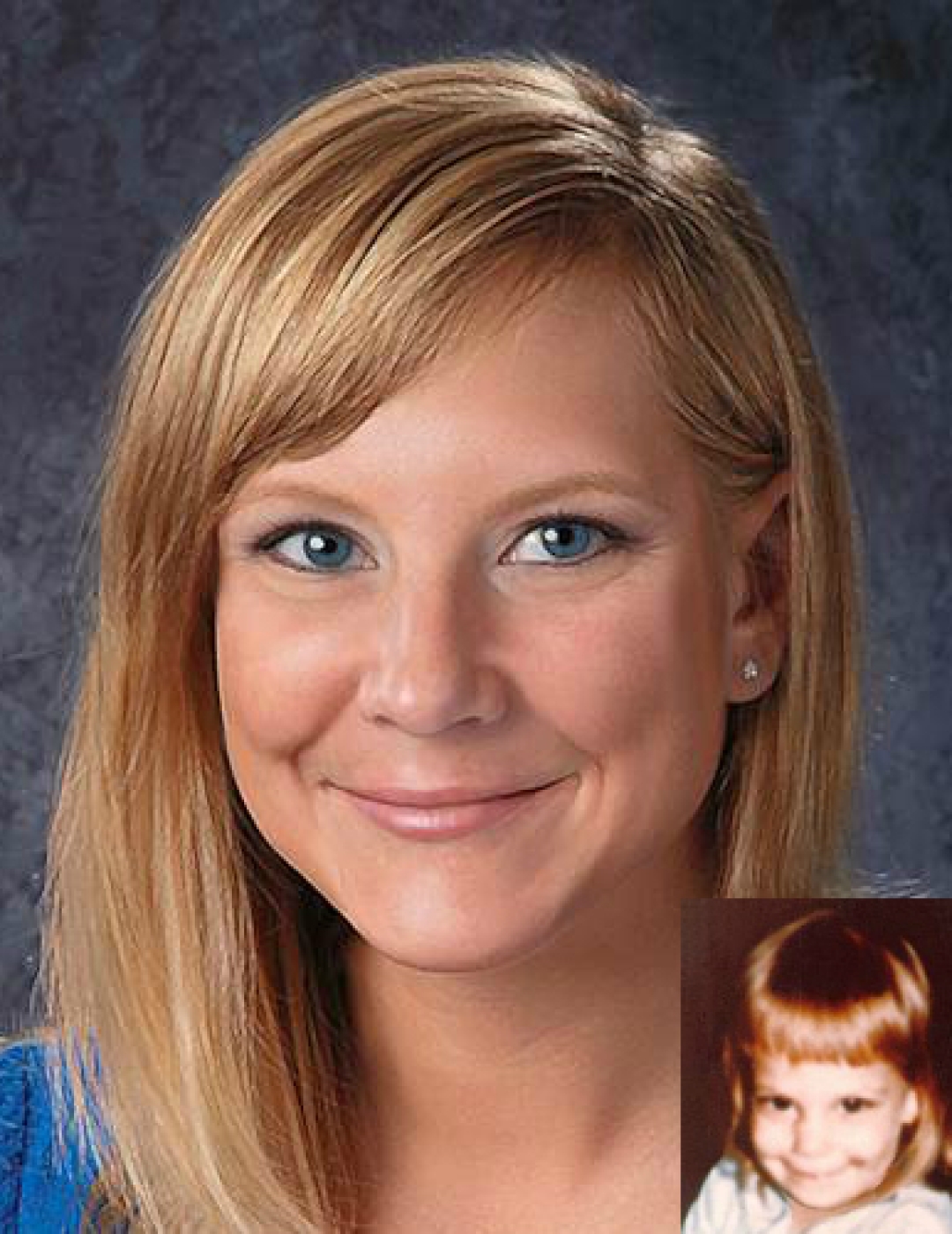 Amber Nichole Crum. Missing child with blonde hair and blue eyes. Age progressed photo shows what Amber looks like at 35 years old: an adult woman with long blonde hair, blue eyes, and side bangs.