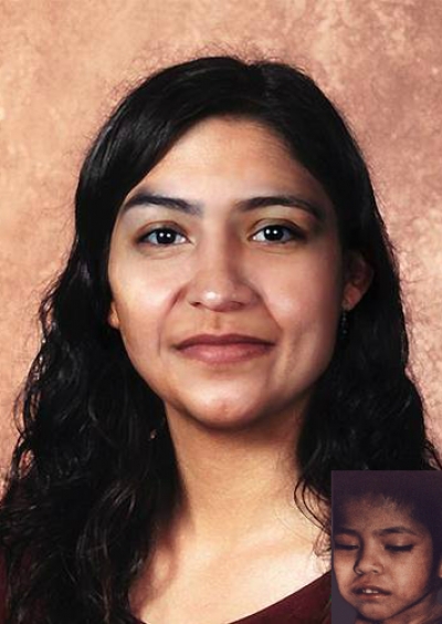 Deisy Herrera. Missing child with black hair and brown eyes. Age progressed photo shows what Deisy looks like at 29 years old: adult woman with long black hair and brown eyes.