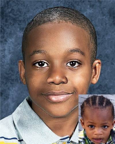 King Walker. Missing child with brown hair and brown eyes. Age progressed photo shows what King looks like at 6 years old: young boy with long light brown hair and brown eyes.