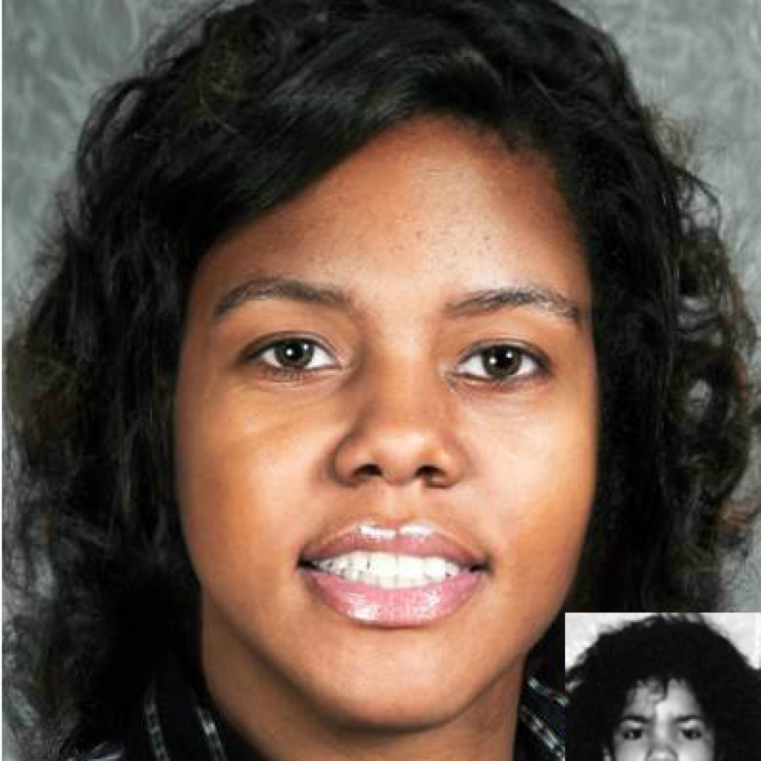 Brittany Williams. Missing child with curly black hair and brown eyes. Age progressed photo shows what Brittany looks like at 28 years old: an adult woman with short curly black hair and brown eyes.