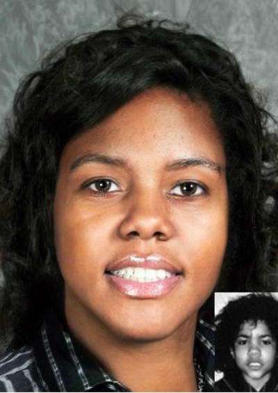 Brittany Williams. Missing child with curly black hair and brown eyes. Age progressed photo shows what Brittany looks like at 28 years old: an adult woman with short curly black hair and brown eyes.