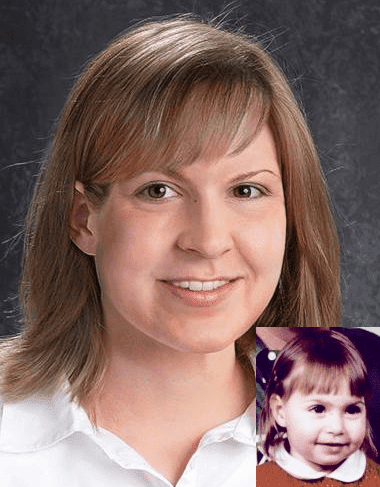 Samantha Kibalo. Missing child with light brown hair and brown eyes. Age progressed photo shows what Samantha looks like at 20 years old: adult woman with long light brown hair and brown eyes.