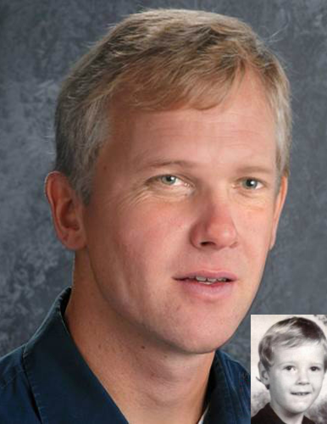 Jeremy Grice. Missing child with short blonde hair and hazel eyes. Age progressed photo shows what Jeremy looks like at 34 years old: adult man with short gray hair, hazel eyes, and smile lines around eyes.