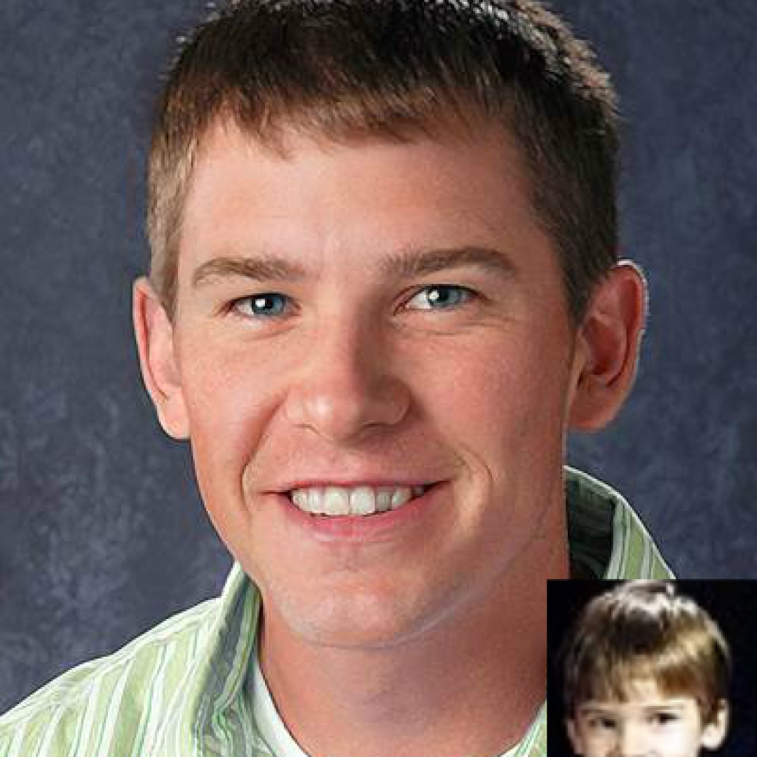 William Majewski. Missing child with sandy blonde hair and blue eyes. Age progressed photo shows what William looks like at 34 years old: adult man with short sandy hair, blue eyes, and pronounced dimples.