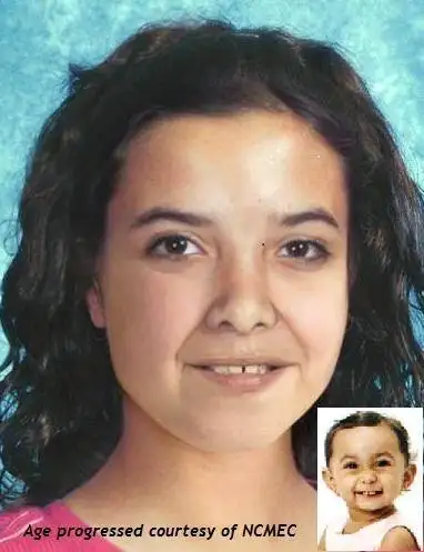Natasha Corley. Missing child with brown hair and brown eyes. Age progressed photo shows what Natasha looks like at 14 years old: an adult woman with shoulder-length brown hair, brown eyes, and a small gap in her front teeth.