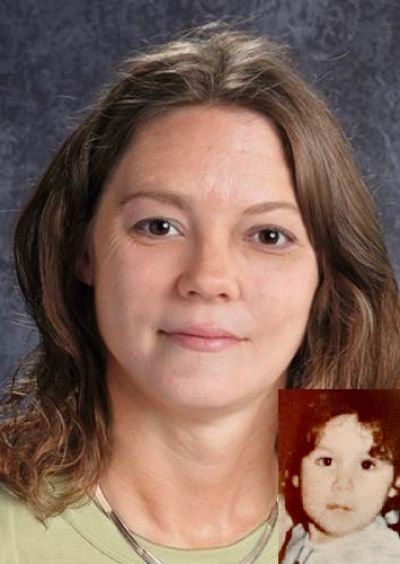 Desiree Carroll. Missing child with brown hair and brown eyes. Age progressed photo shows what Desiree looks like at 40 years old: an adult woman with shoulder-length brown hair, brown eyes, and dip-dyed ends.