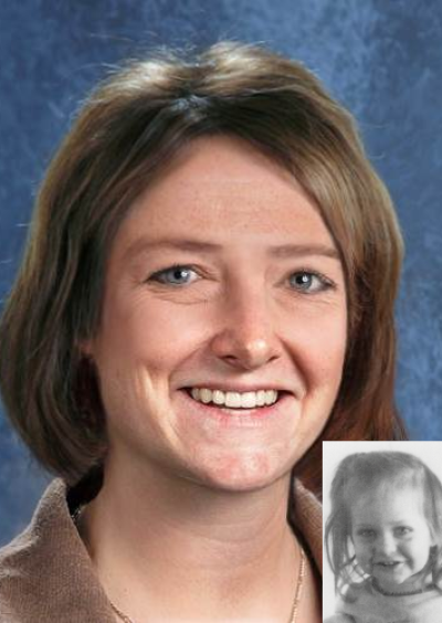 Megan Ginevicz. Missing child with brown hair, blue eyes, hair in a side pigtail. Age progressed photo included. Photo progressed to 38 years. Age progression shows a white female with blue eyes and brown shoulder-length hair.