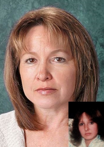 Rachael Garden. Missing child with light brown hair and hazel eyes. Age progressed photo shows what Rachael looks like at 53 years old: adult woman with shoulder-length brown hair, hazel eyes, and curtain bangs.