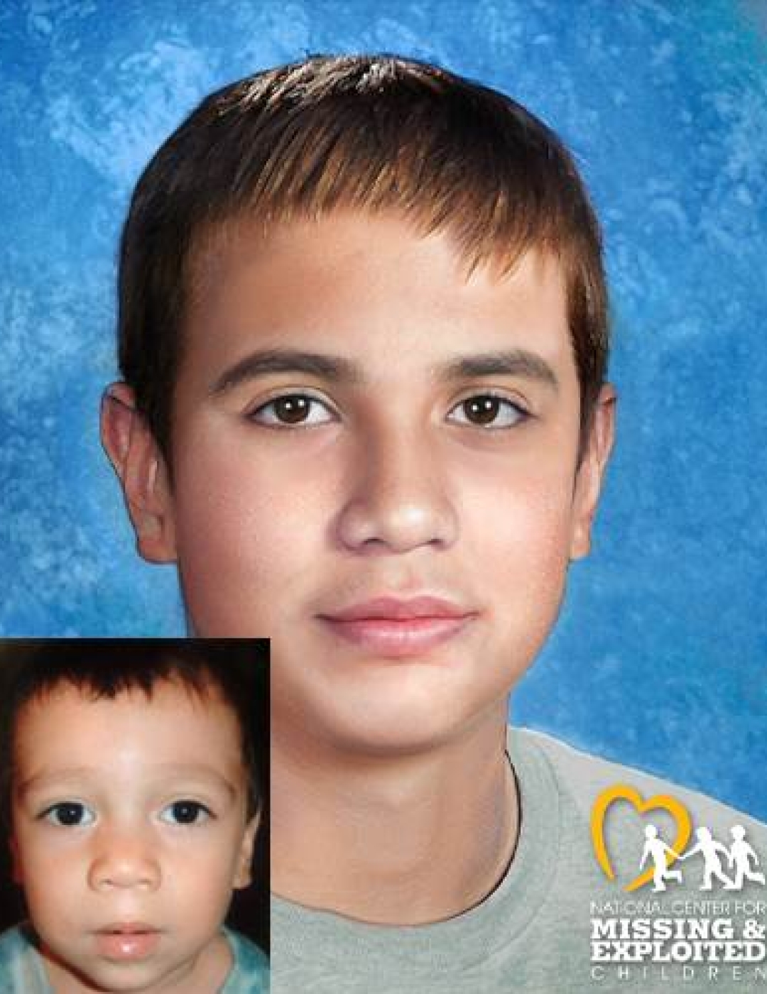 Diego Flores. Missing child with light brown hair and brown eyes. Age progressed photo shows what Diego looks like at 16 years old: an adult woman with long brown hair, brown eyes, and side bangs.