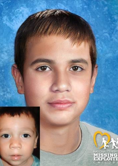 Diego Flores. Missing child with light brown hair and brown eyes. Age progressed photo shows what Diego looks like at 16 years old: an adult man with short brown hair and brown eyes.