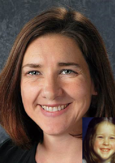 Nyleen Marshall. Missing child with brown hair and blue eyes. Age progressed photo shows what Nyleen looks like at 43 years old: an adult woman with shoulder-length brown hair and blue eyes.