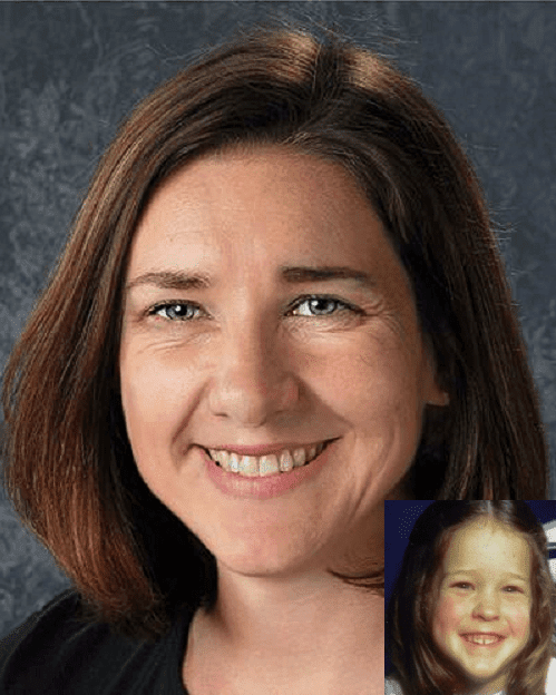 Nyleen Marshall. Missing child with brown hair and blue eyes. Age progressed photo shows what Nyleen looks like at 43 years old: an adult woman with shoulder-length brown hair and blue eyes.