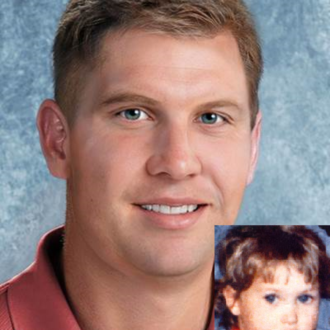 Kevin Ayotte. Missing child with blonde hair and blue eyes. Age progressed photo shows what Kevin looks like at 36 years old: adult man with short blonde hair and blue eyes.