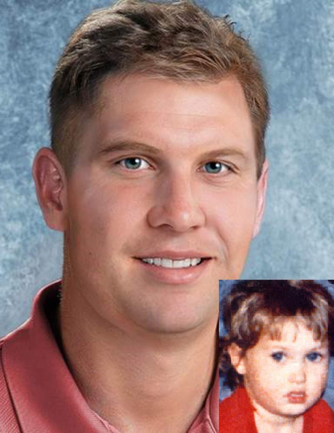 Kevin Ayotte. Missing child with blonde hair and blue eyes. Age progressed photo shows what Kevin looks like at 36 years old: adult man with short blonde hair and blue eyes.