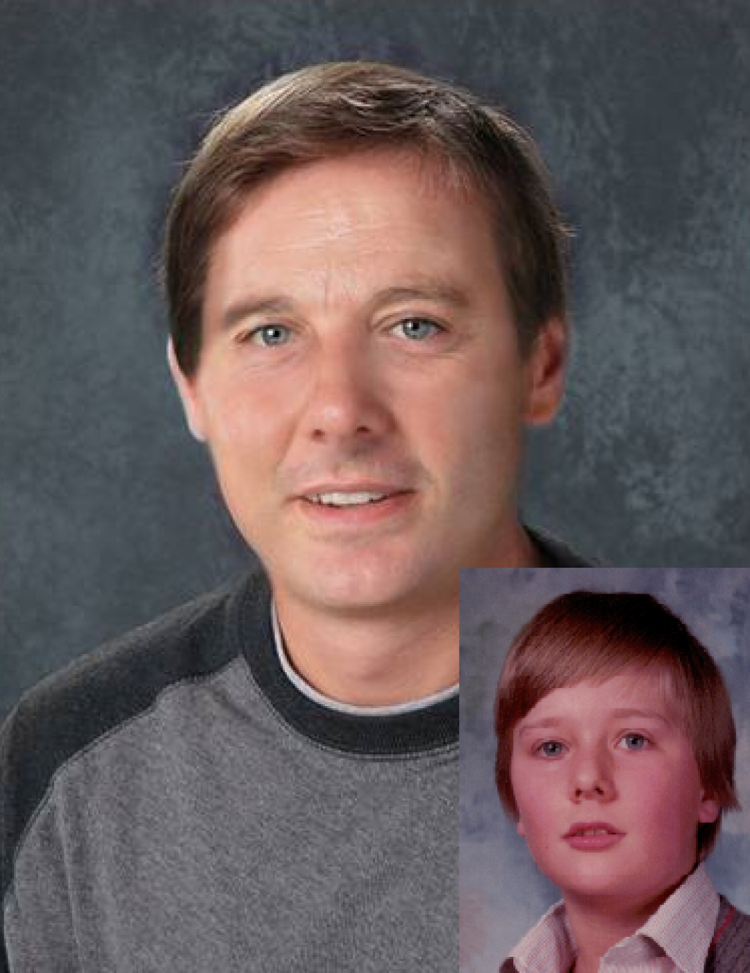 Taj Narbonne. Missing child with blonde hair and blue eyes. Age progressed photo shows what Taj looks like at 40 years old: adult man with short gray-blonde hair and blue eyes.