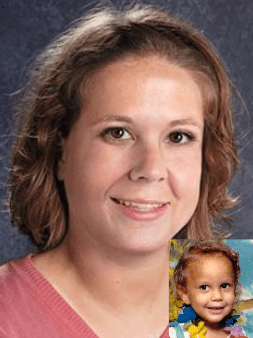 Vivian Trout. Missing child with blonde hair and brown eyes. Age progressed photo shows what Vivian would look like at 28 years old: young adult woman with blonde hair and brown eyes.