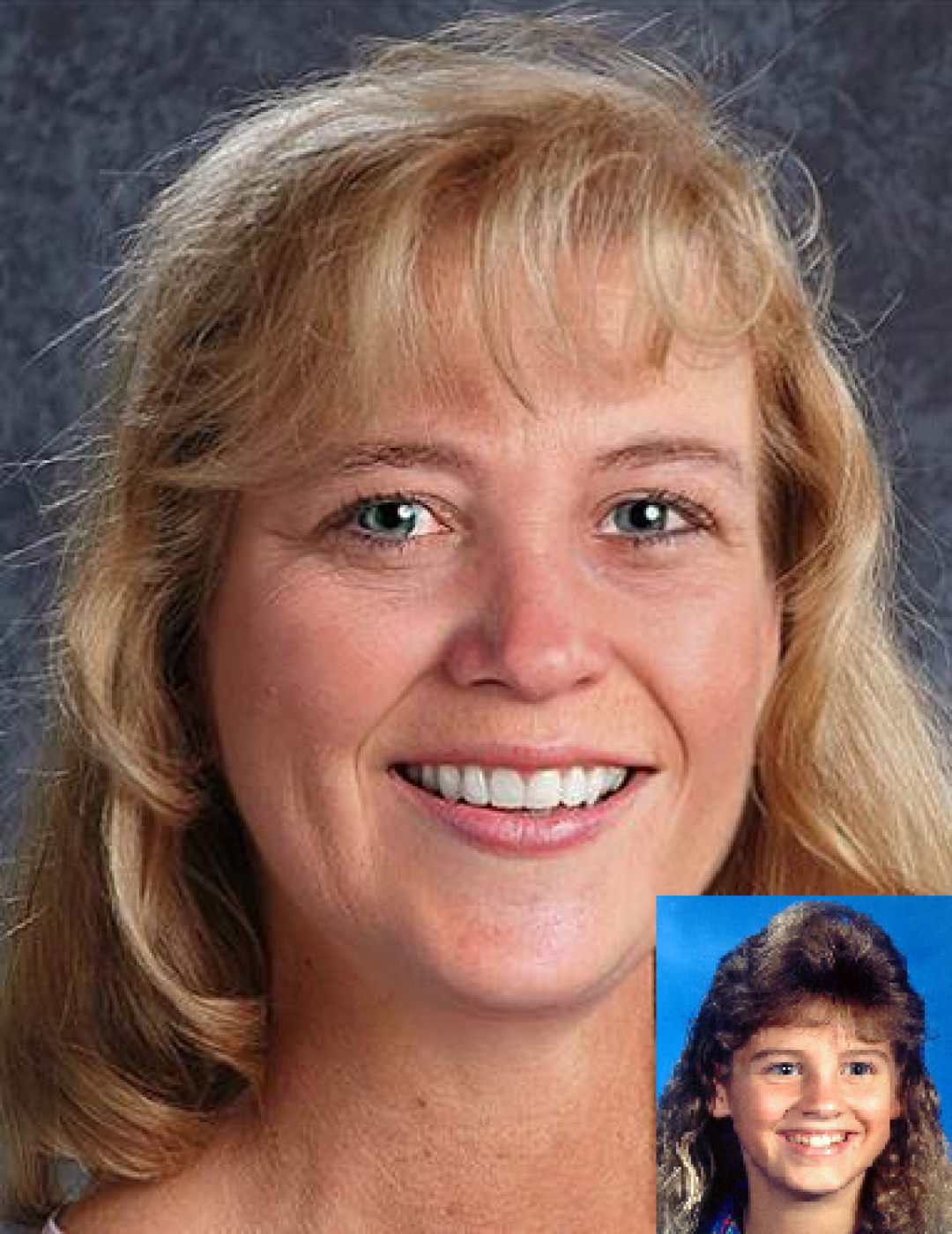Gina Dawn Brooks. Missing girl with shoulder-length blonde hair and green eyes. Age progressed photo shows what Gina looks like at 45 years old: adult woman with shoulder-length blonde hair and green eyes.