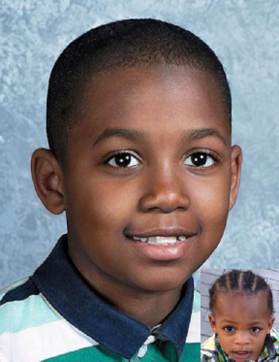 King Walker. Missing child with brown hair and brown eyes. Age progressed photo shows what King looks like at 6 years old: young boy with long light brown hair and brown eyes.