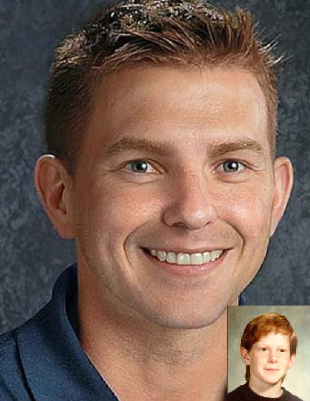 Mark Himebaugh. Missing boy with red hair and blue eyes. Age progressed photo shows what Mark looks like at 34 years old: adult man with short red hair and blue eyes.