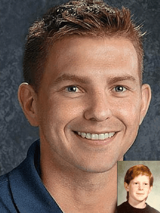 Mark Himebaugh. Missing boy with red hair and blue eyes. Age progressed photo shows what Mark looks like at 34 years old: adult man with short red hair and blue eyes.