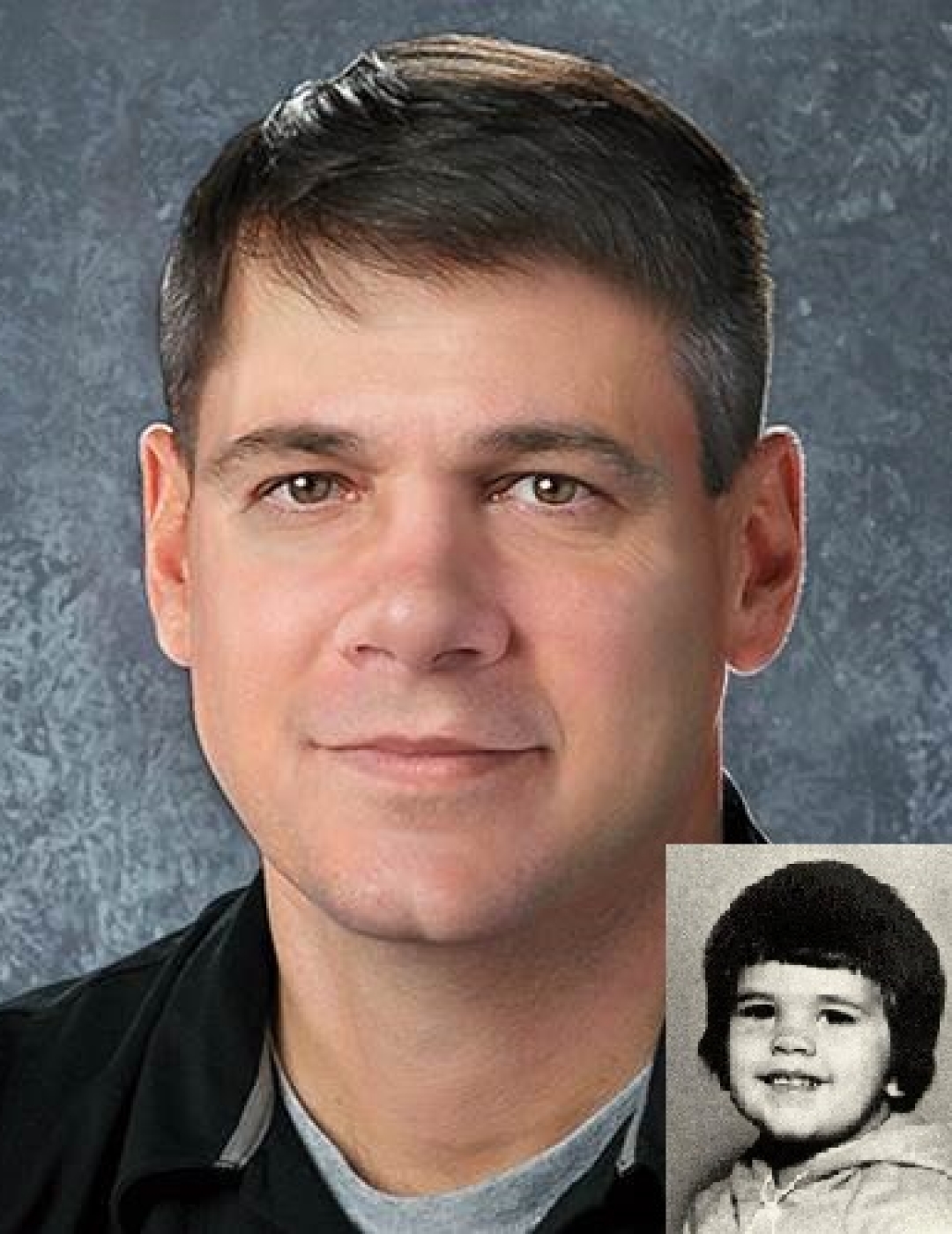 Richard Barnett. Missing child with brown hair and hazel eyes. Age progressed photo shows what Richard looks like at 40 years old: adult man with short gray-brown hair and hazel eyes.