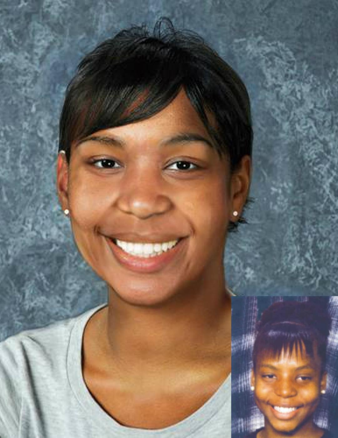 Kimberly Arrington. Missing child with black hair and brown eyes. Age progressed photo shows what Kimberly looks like at 37 years old: adult woman with black hair and brown eyes.